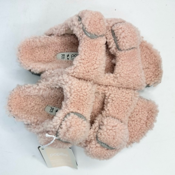 NWT Birkenstock Papillio Arizona Big Buckle Shearling fuzzy sandal pink 38/7 - Picture 1 of 16
